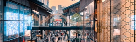 Website header image showing a shopping mall with lots of people