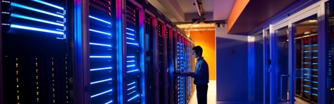 Image of a modern interior server room in a data centre 