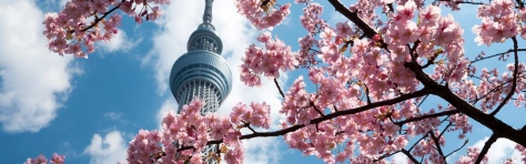 Tokyo Japan cherry blossom tree with Tokyo tower in the background.   