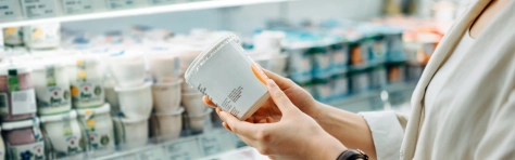 Cropped shot of young Asian woman shopping in the dairy section of a supermarket. She is reading the nutrition label on a container of fresh organic healthy natural yoghurt